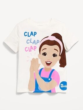 Rachel White Tee with Blue and Pink Clap Graphic